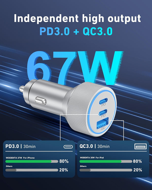 67W 3-Port Fast USB C Car Charger Power Adapter for iPhone and iPad