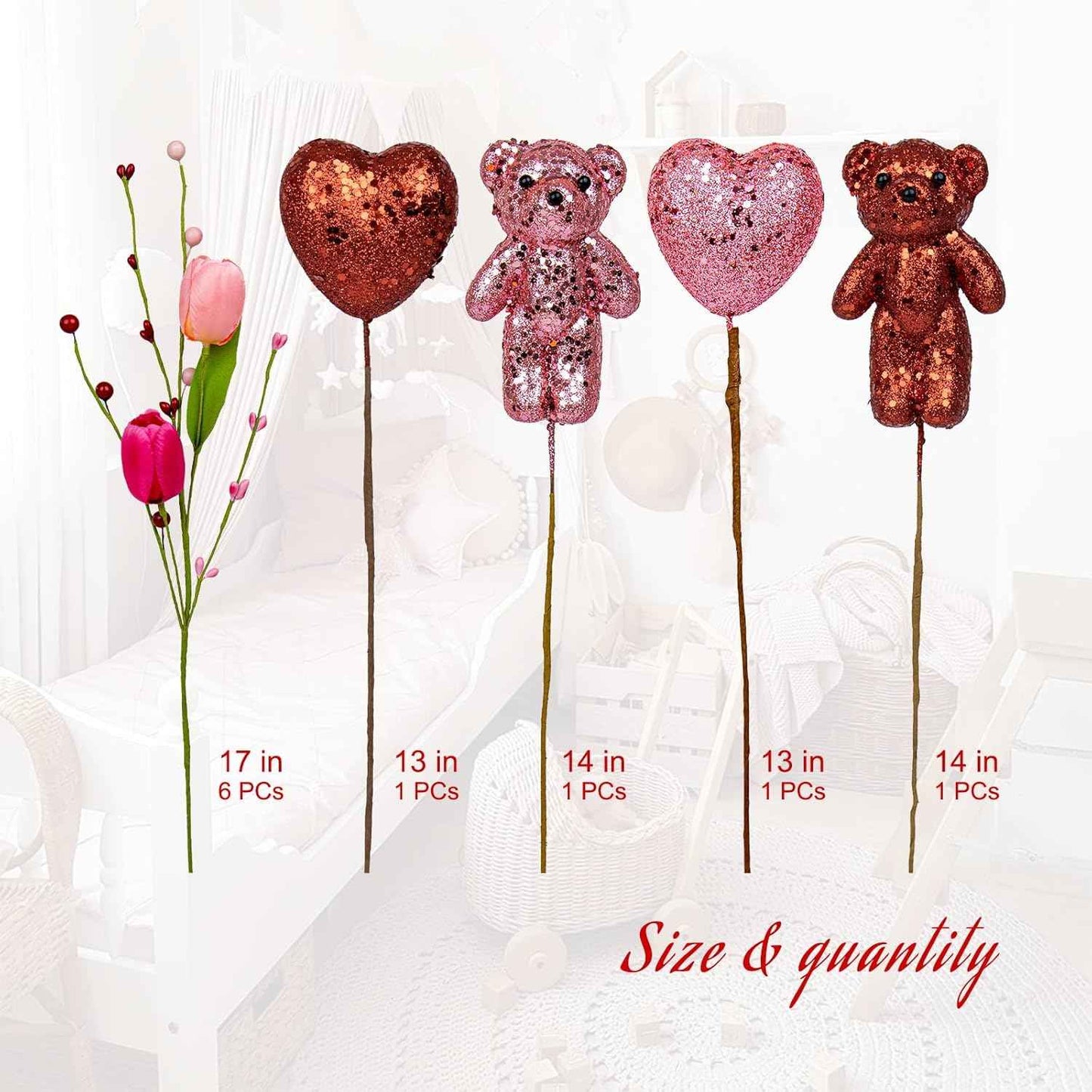 JINGHONG Valentine's Day Decorations Valentines Day Gifts 10 Pack Artificial Floral Picks with Pink Red Bear and Heart Tulip for Valentine Mothers Day Anniversary Candlelight Dinner Party Decor