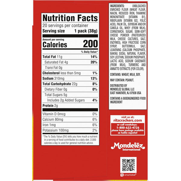 RITZ Cheese Sandwich Crackers, 20 snack packs, 6 crackers per pack