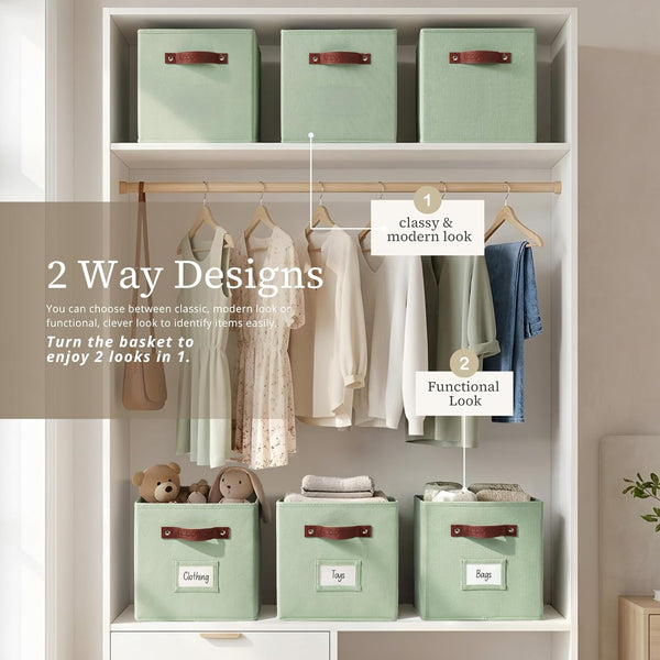 DECOMOMO Storage Bins, Sage Green, 6-Piece Set, 10.5" x 11"