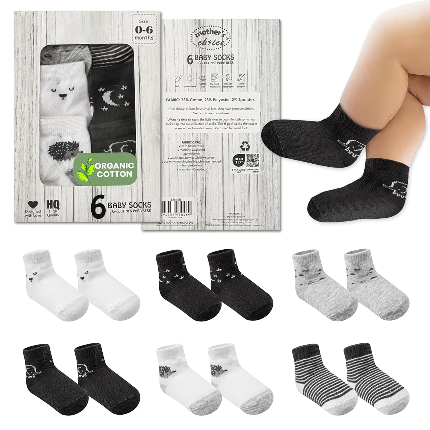 Mother's Choice Organic Cotton Baby Socks Infant 0-6 Months - 12 pairs Soft, Cozy, and Gentle Newborn Socks for Girls & Boys, Perfect Baby Registry for Everyday Wear, and Infant Comfort