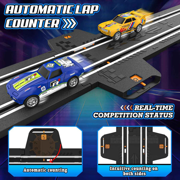 slot car race track set, 2 high-speed cars, battery or electric, dual racing game, lap counter, toys for kids