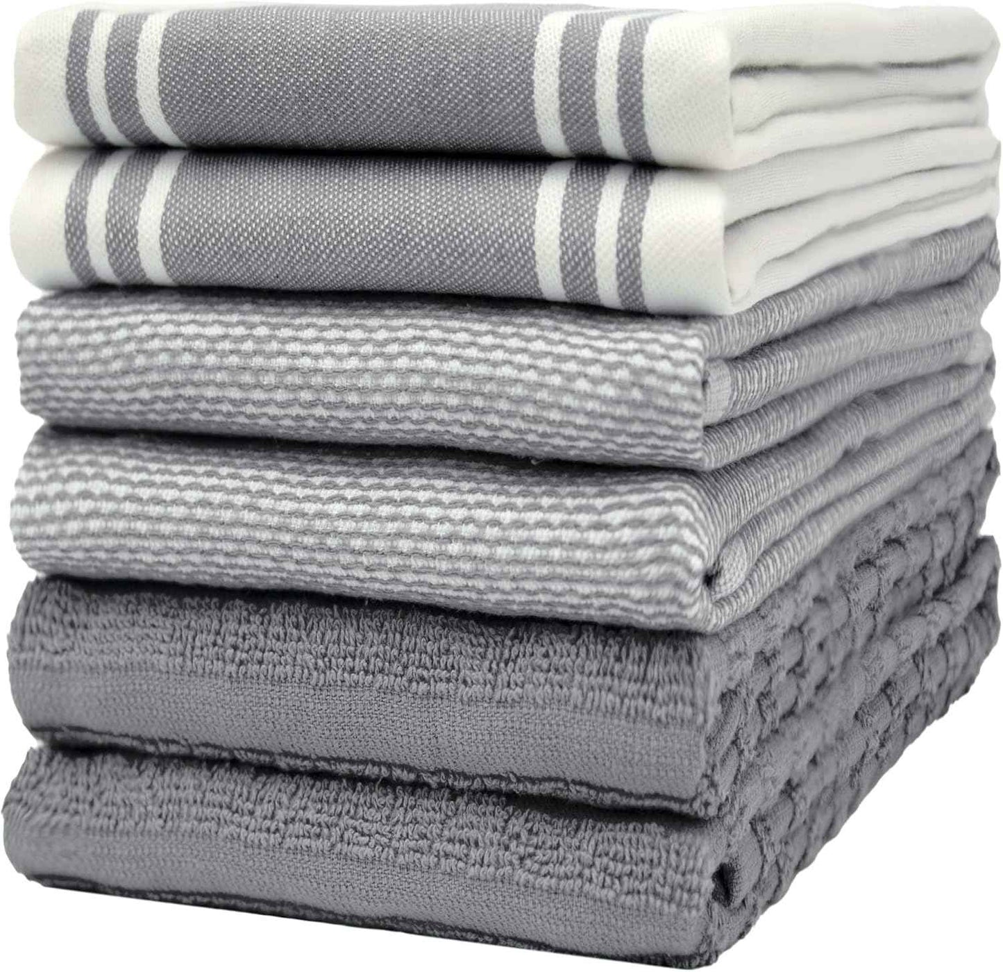 Premium Kitchen Towels (20”x 28”, 6 Pack) | Large Cotton Kitchen Hand Towel | Flat & Terry Dish Cloths | Highly Absorbent Tea Towels Set with Hanging Loop | Gray