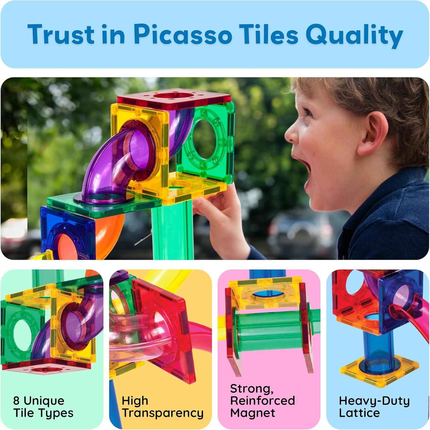 PicassoTiles 50pcs Magnetic Tiles Marble Run for Kids Race Track Toy Marble Maze Sensory Toys for Toddlers STEM Educational Set Magnet Building Blocks Construction Building Tiles Boys Girls 3+ PTG50