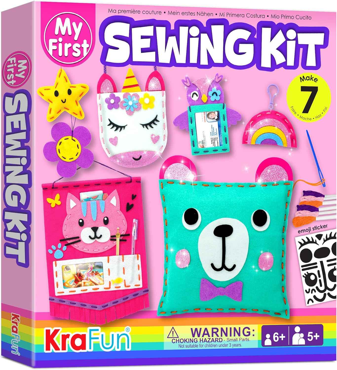 KRAFUN My First Sewing Kit for Beginner Kids Arts & Crafts, 7 Easy DIY Projects of Stuffed Animal Dolls and Plush Pillow Craft, Instructions & Felt, Gift for Girls, Boys, Learn to Sew, Embroidery