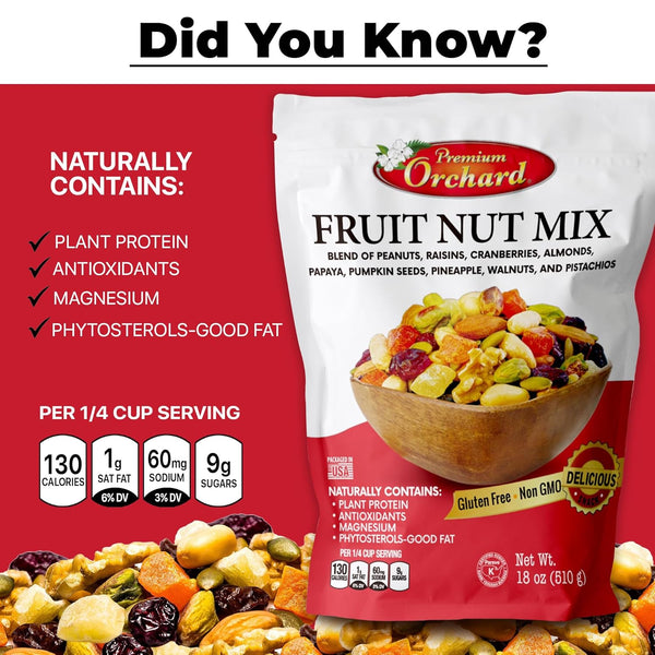 Premium Orchard Fruit Nut Mix Trail Mix, 18oz, Bulk Blend of Mixed Nuts and Dried Fruit
