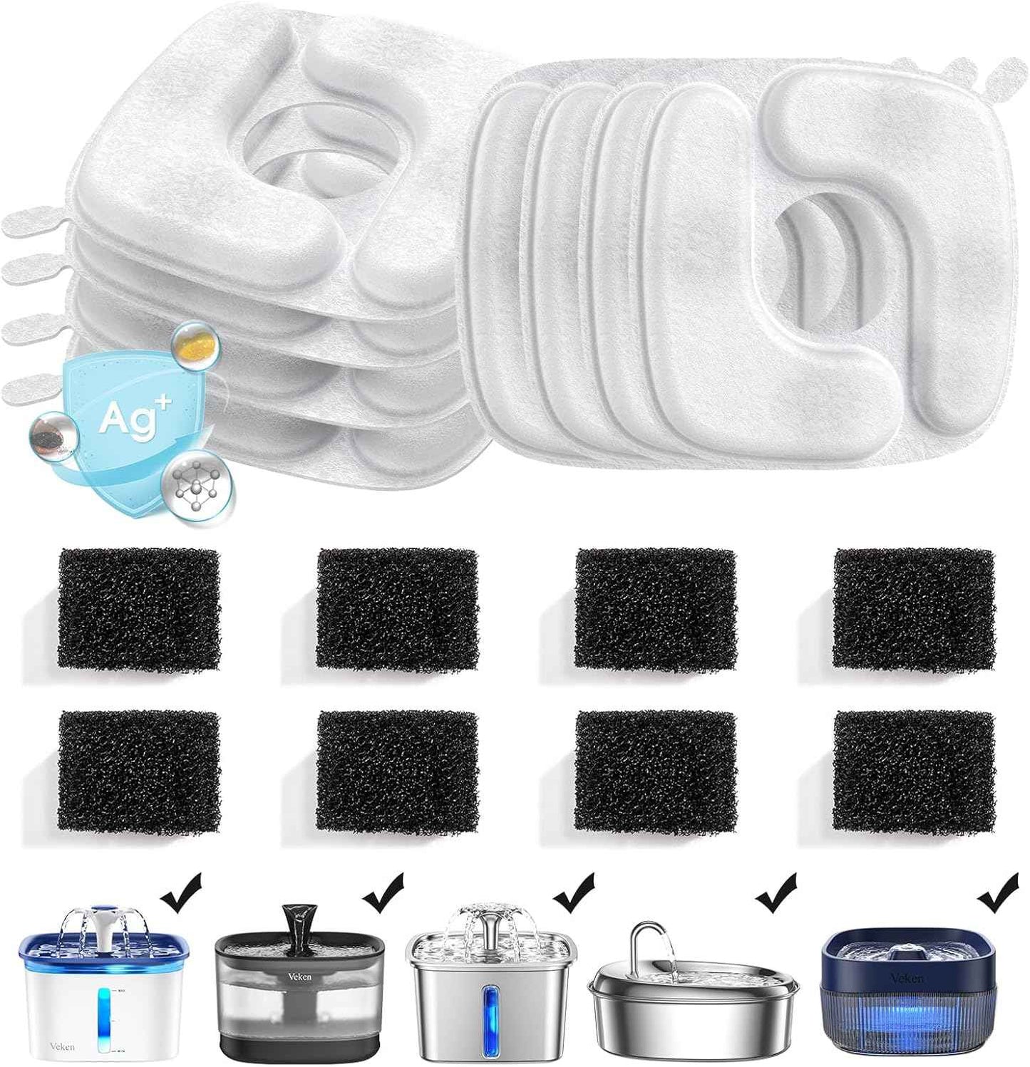 Veken Cat Water Fountain Filters, 8 Pack Replacement Filters & 8 Pack Replacement Pre-Filter Sponges Set for 50oz, 84oz, 95oz or 108oz Automatic Pet Fountain Dog Water Dispenser