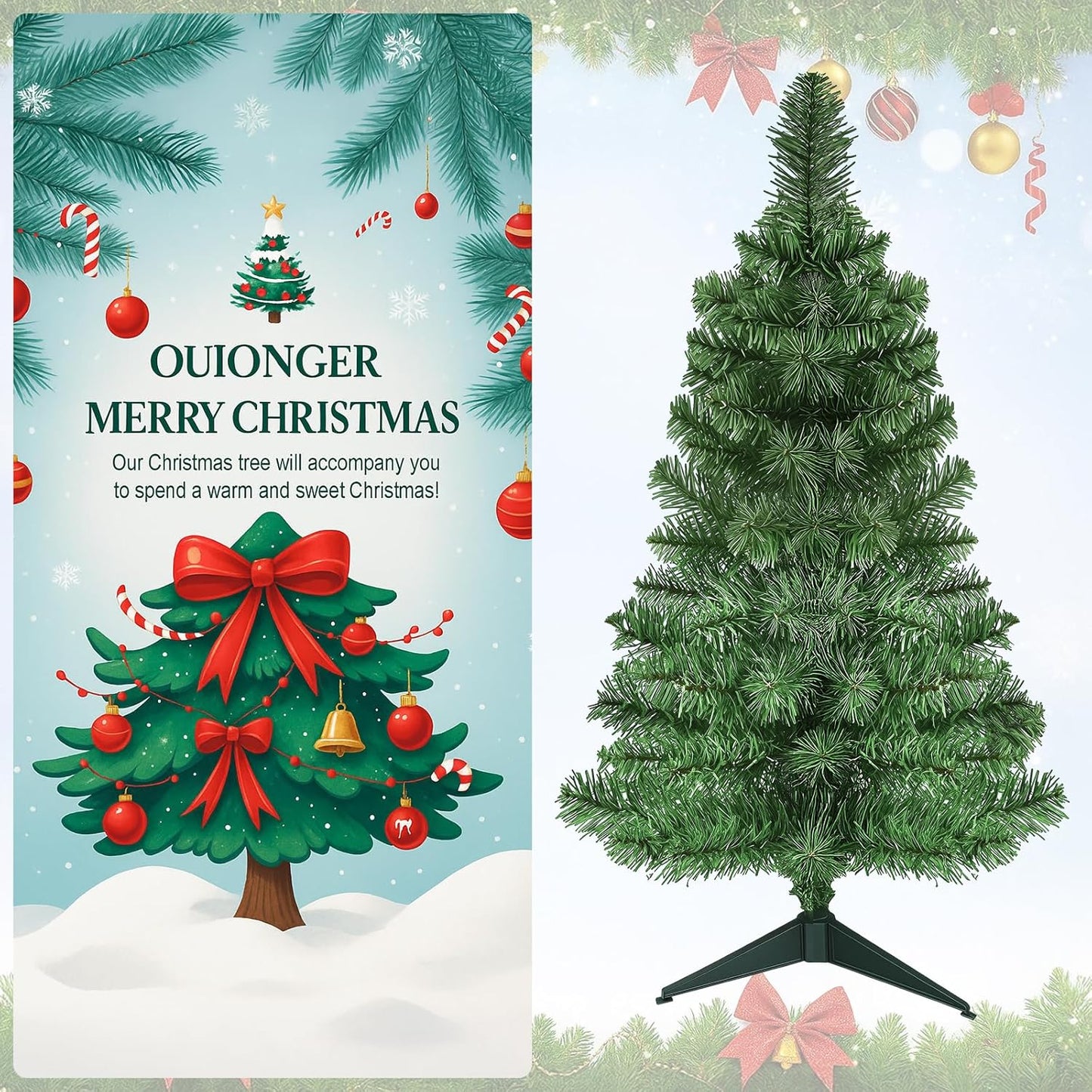 3Ft Premium Artificial Small Mini Christmas Tree for Tabletop,Home, Office, Indoor and Outdoor Decor,Holiday Decoration,Easy Assembly Metal Hinges & Foldable Base 160 Branch Tips Green Tree