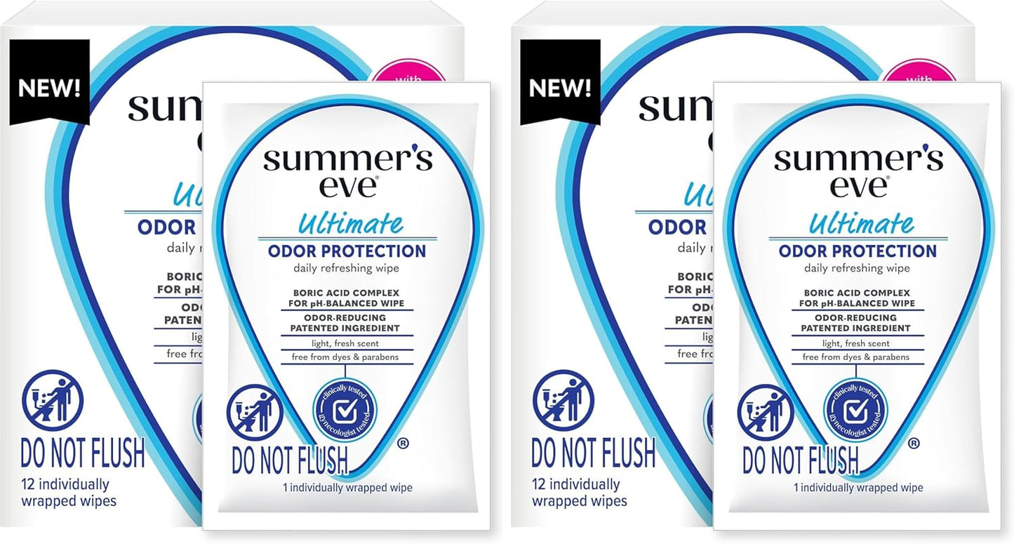 Summer's Eve Ultimate Odor Protection Daily Feminine Wipes, Gentle pH-Balanced Formula with Boric Acid Cleanses & Removes Vaginal Odor, Individually Wrapped Body Wipes, 12 Count