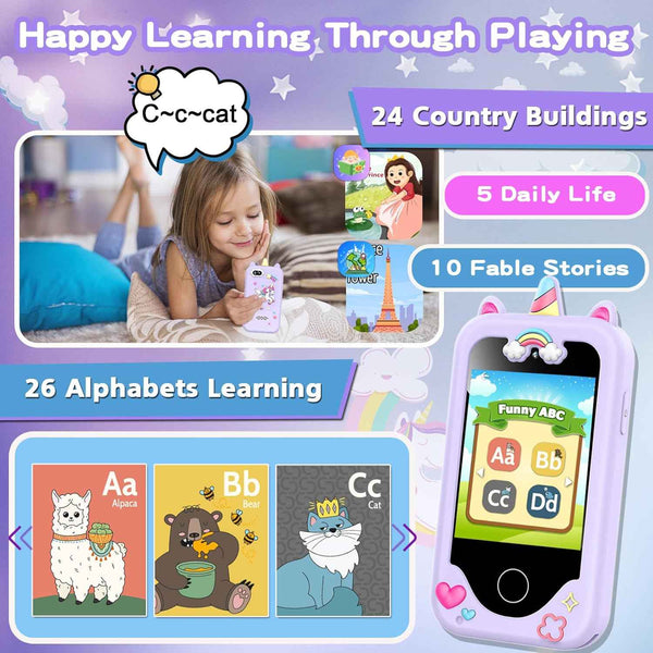 Purple 2.8" touchscreen kids phone for 3-10 year old girls, dual camera, music player, and learning games