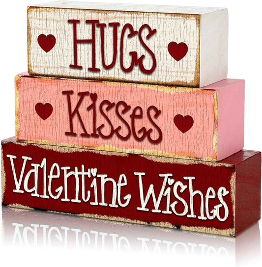 3 Pcs Valentine Table Decoration Signs Tiered Tray Valentine Wooden Love Blocks Heart Wood Freestanding Decor for Farmhouse Centerpiece Wedding Gift(Classic Style)
