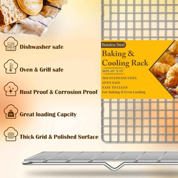 10" x 15" Heavy Duty Stainless Steel Wire Racks for Baking, Grilling, Roasting - Oven & Dishwasher Safe - Silver