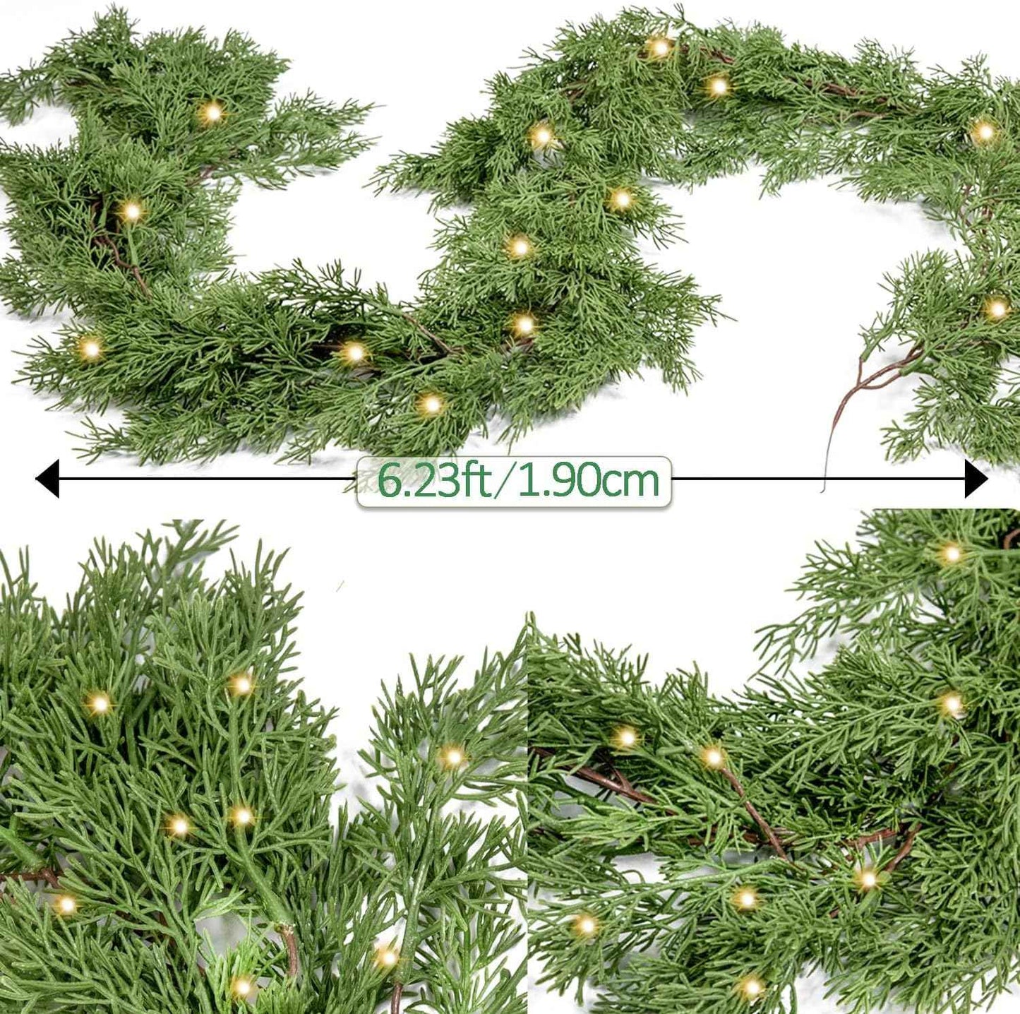 6FT Christmas Garland PARTY JOY Cedar Garland with 9.8FT LED String Lights, Greenery Plant for Christmas Decorations Table Mantle Background Wall Room Outdoor Indoor Winter Decoration