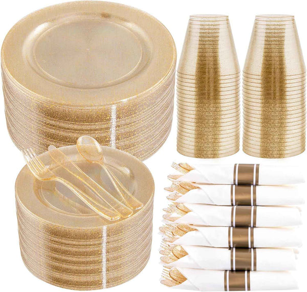 WELLIFE 700 Pieces Silver Plastic Dinnerware Set for 100 Guests - Includes Plates, Cups, Napkins, and Disposable Cutlery - Elegant White & Silver Design, Perfect for Parties and Events