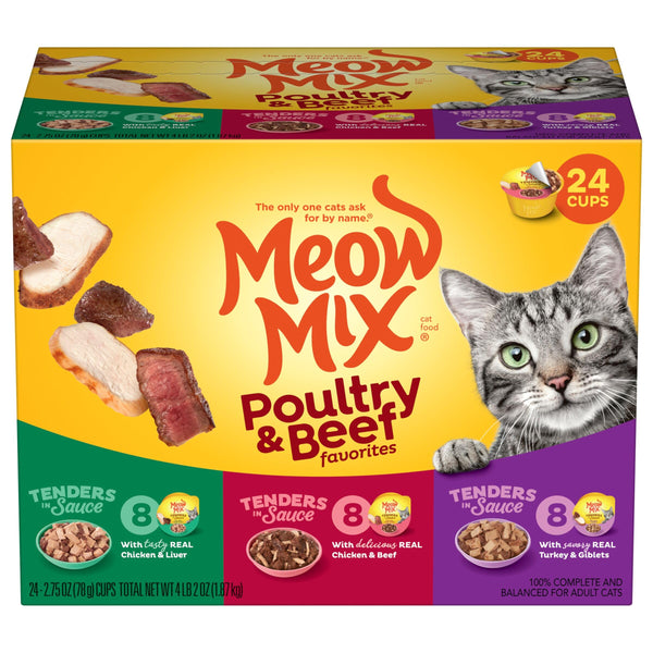 meow mix tenders in sauce wet cat food variety pack poultry beef 2.75 ounce cups 24 count