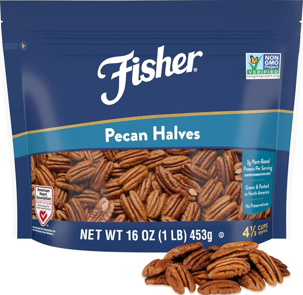 Fisher Chef's Naturals Pecan Halves 24 oz Resealable Bag, Unsalted Raw Nuts