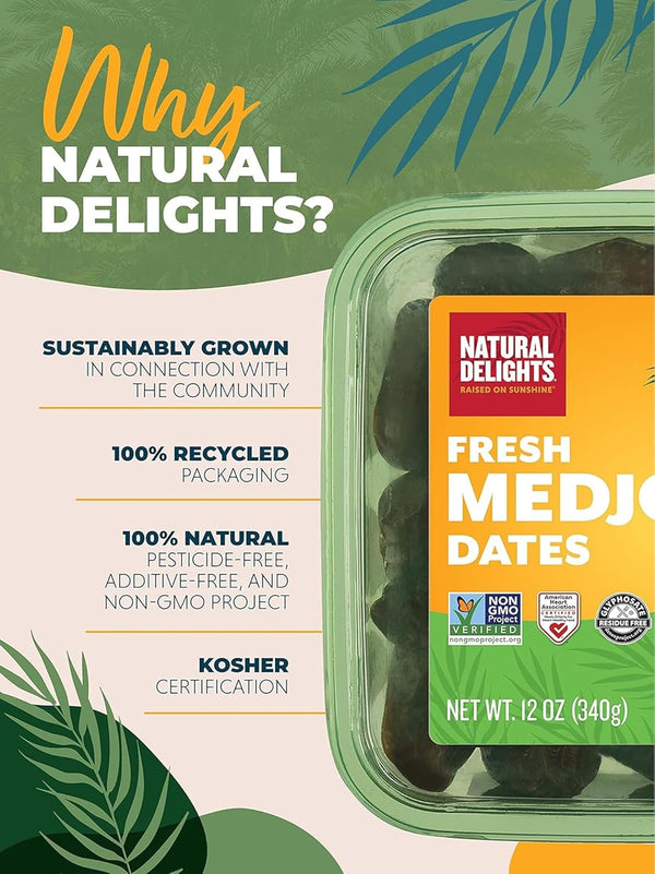 Natural Delights Organic Medjool Dates - USDA Certified, Fiber & Potassium, Naturally Sweet, Plump - 12 oz Tub (2-Pack)