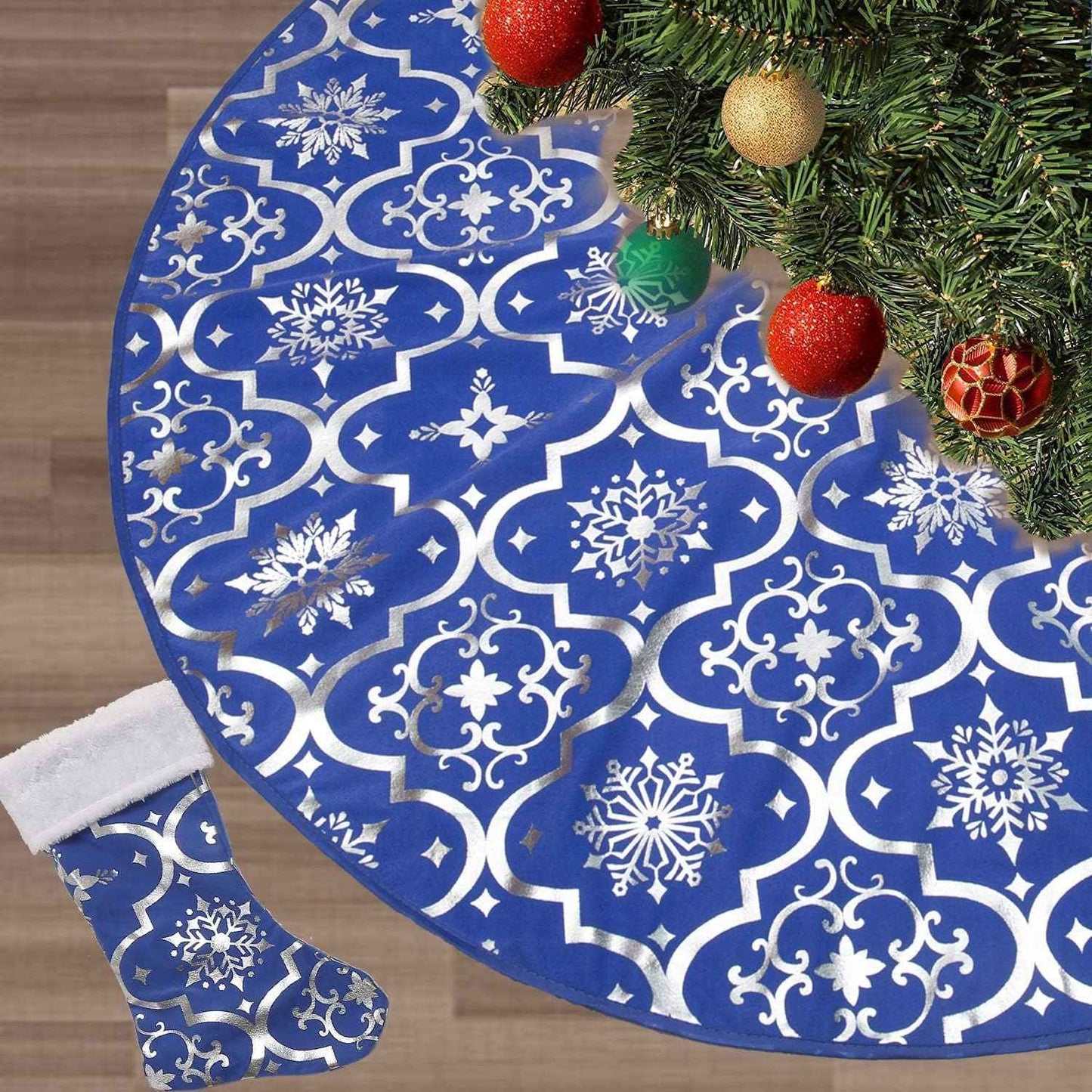 Flash World 48 Inch Large Christmas Tree Skirt Xmas Soft Cover Mat Decor Snowflake Collar Farmhouse Tree Skirt for Holiday Ornaments Party Home Indoor Decorations (Red, 48INCH)