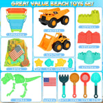 HUITEM Beach Sand Toys for Kids, 29PCS Sandbox Toys with 2 Collapsible Bucket Sand, 2 Dump Truck, Dinosaur Molds, Castle Building Kit, Shovel Sieve,Flags,Mesh Bag Travel Beach Toys for Toddler 3-10