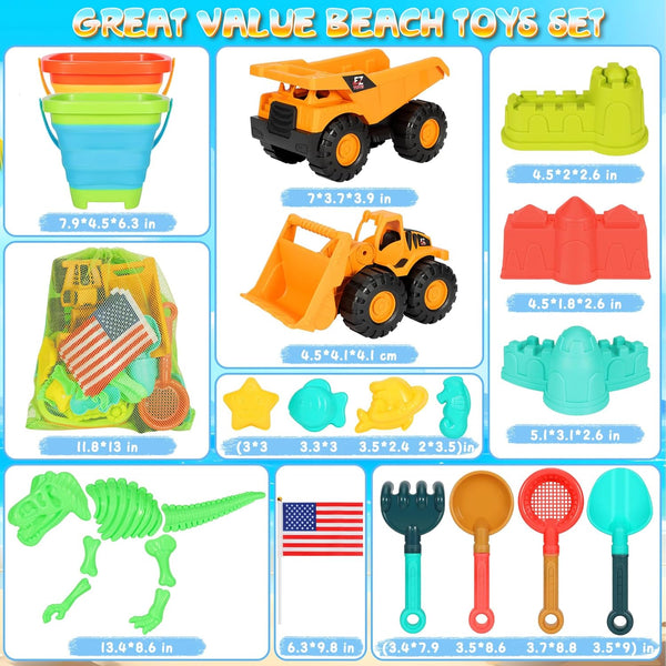 HUITEM Beach Sand Toys for Kids, 29PCS Sandbox Toys with 2 Collapsible Bucket Sand, 2 Dump Truck, Dinosaur Molds, Castle Building Kit, Shovel Sieve,Flags,Mesh Bag Travel Beach Toys for Toddler 3-10