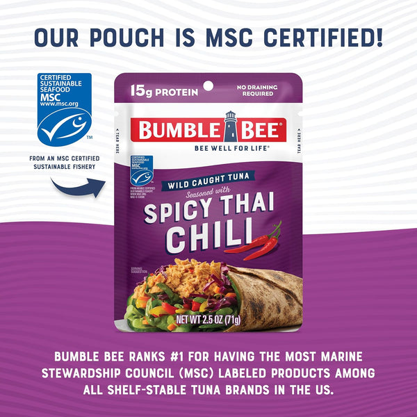Bumble Bee Spicy Thai Chili Seasoned Tuna Pouch - Wild Caught, Ready to Eat, 15g Protein per Serving, 2.5 oz Packet (Pack of 12)