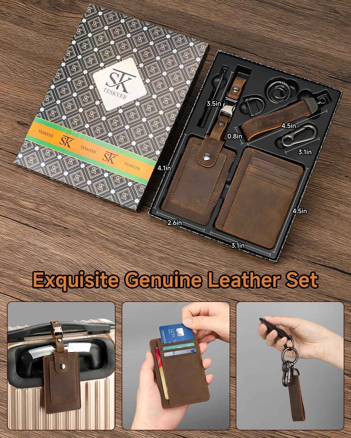 Teskyer RFID Slim Card Holder Wallet for Men, Genuine Leather Gift Set with Luxury Gift Packing - Includes Luggage Tag and Car Keychain - Gift for Dad, Valentine's Day, Birthday & Christmas (Coffee)
