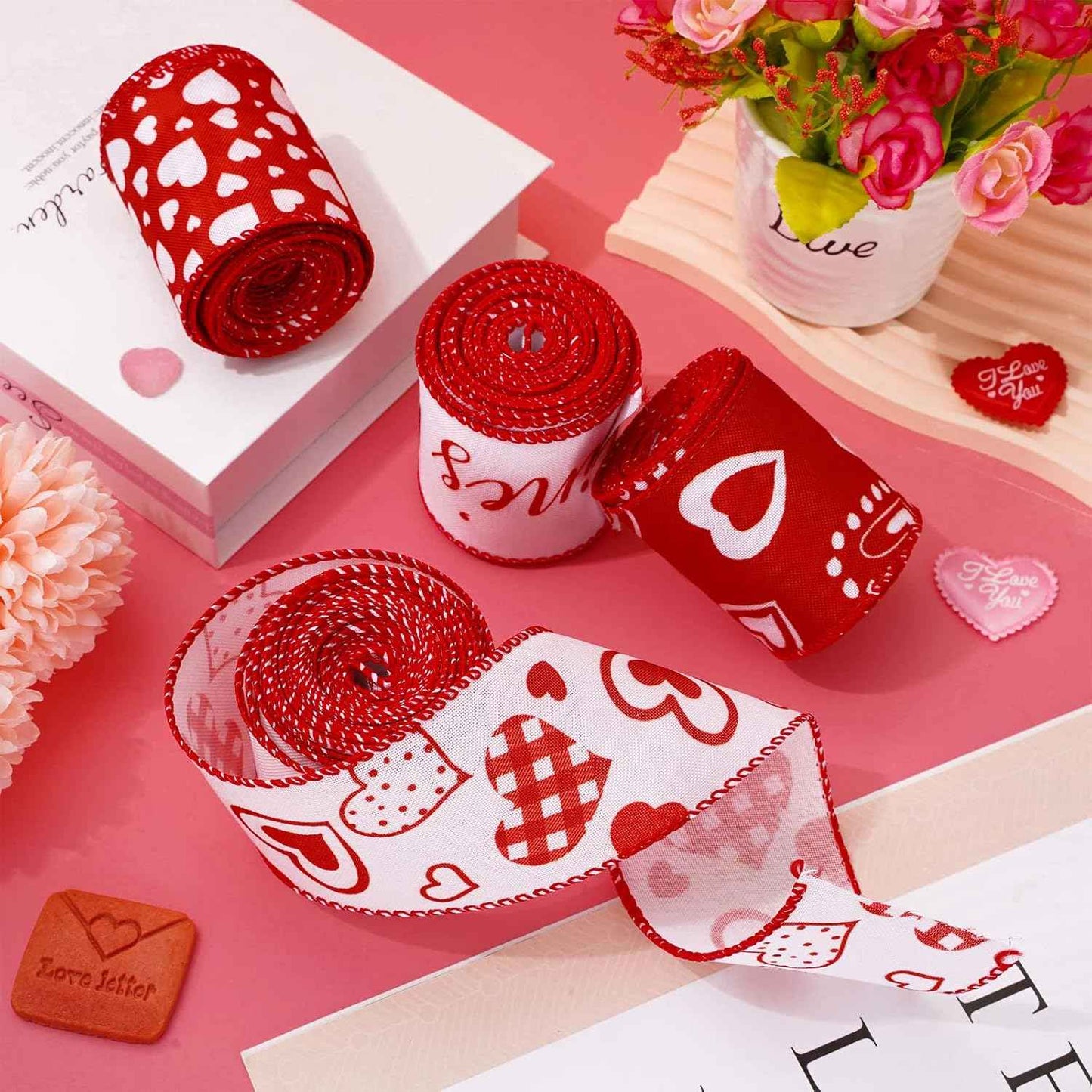 Whaline 36 Yard Happy Valentine's Day Wired Edge Ribbon Red White Love Hearts Craft Ribbon with Burr Wedding Fabric Wrapping Ribbon for Anniversary Wreath Bow Making DIY Crafts Supplies, 6 Roll