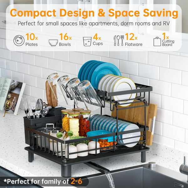 Compact 2 Tier Dish Drying Rack for Kitchen Counter