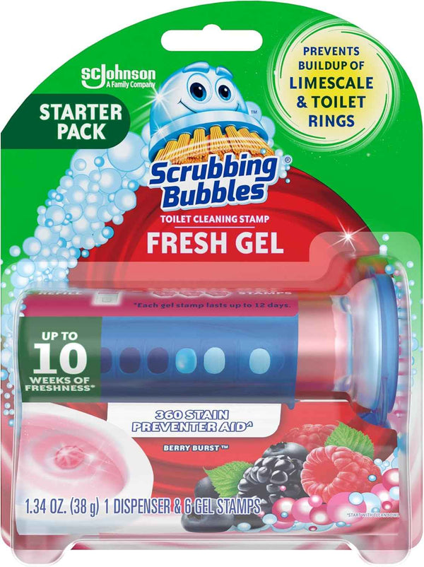 Scrubbing Bubbles Fresh Gel Toilet Bowl Cleaning Stamps, Helps Keep Toilet Clean and Helps Prevent Limescale & Rings, Lavender Scent, 1 Dispenser with 6 Fresh Gel Stamps