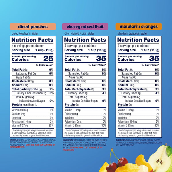 Dole Diced Peaches, Mandarin Oranges, and Cherry Mixed Fruit Variety Pack, 12 Pack, 4 oz Bowls
