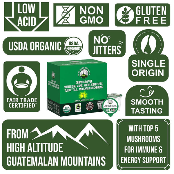 Organic Mushroom Coffee Pods with Lion's Mane, Reishi, Cordyceps, Turkey Tail, and Chaga Mushrooms