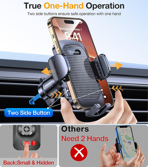 Phone holder for car dashboard, windshield, or vent with strong suction and adjustable arm