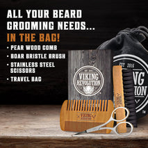 viking revolution natural boar bristle beard brush and pear wood comb set with velvet travel pouch