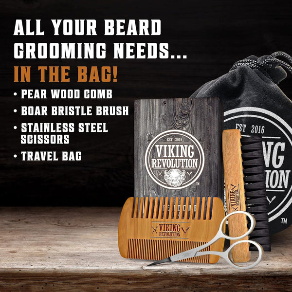 viking revolution natural boar bristle beard brush and pear wood comb set with velvet travel pouch