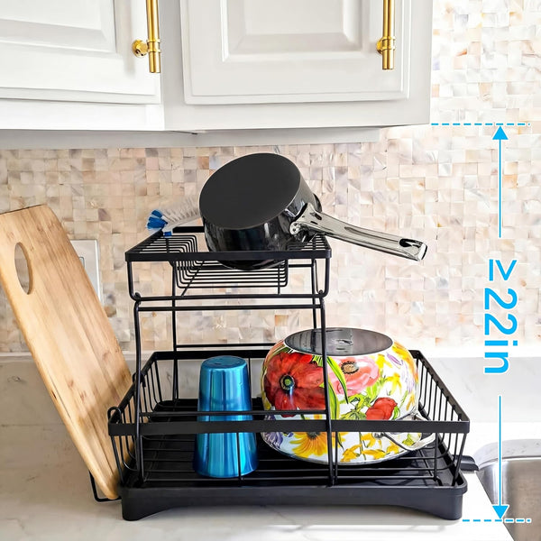 Large capacity 2-tier dish drying rack for kitchen counter