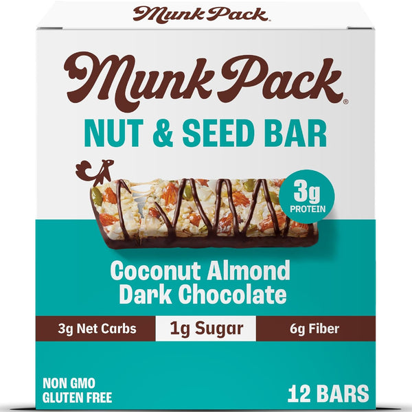 Munk Pack Fiber Nut Bars, Sea Salt Dark Chocolate, Gluten Free, 5g Fiber, 3g Net Carb, 24 Count