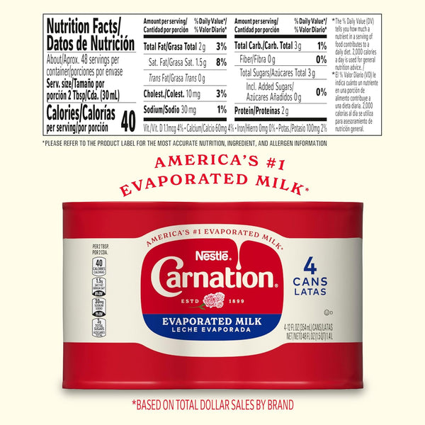 Nestlé Carnation Evaporated Milk Canned with Vitamin D, 4 Pack, 12 fl oz
