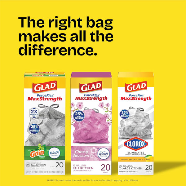 Glad Small Trash Bags 4 Gallon, Febreze Cherry Blossom Garbage Bags, Odor Resistant with Drawstring, 34 Count