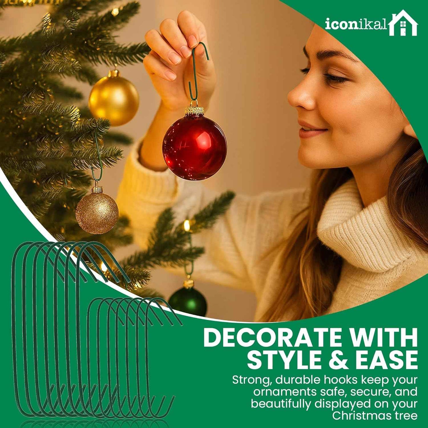 Iconikal 450-Count Green Ornament Hooks Heavy Duty 1.4 & 2.5-Inch Christmas Tree Hangers for Large Small Decorations Blends with Tree Bulk Pack