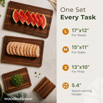 Acacia Wood Cutting Board Set of 3 with Holder and Juice Grooves for Kitchen Use