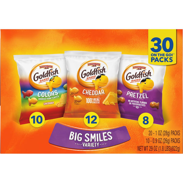 Goldfish Crackers Variety Pack with Cheddar, Colors, and Pretzels, 30 Count