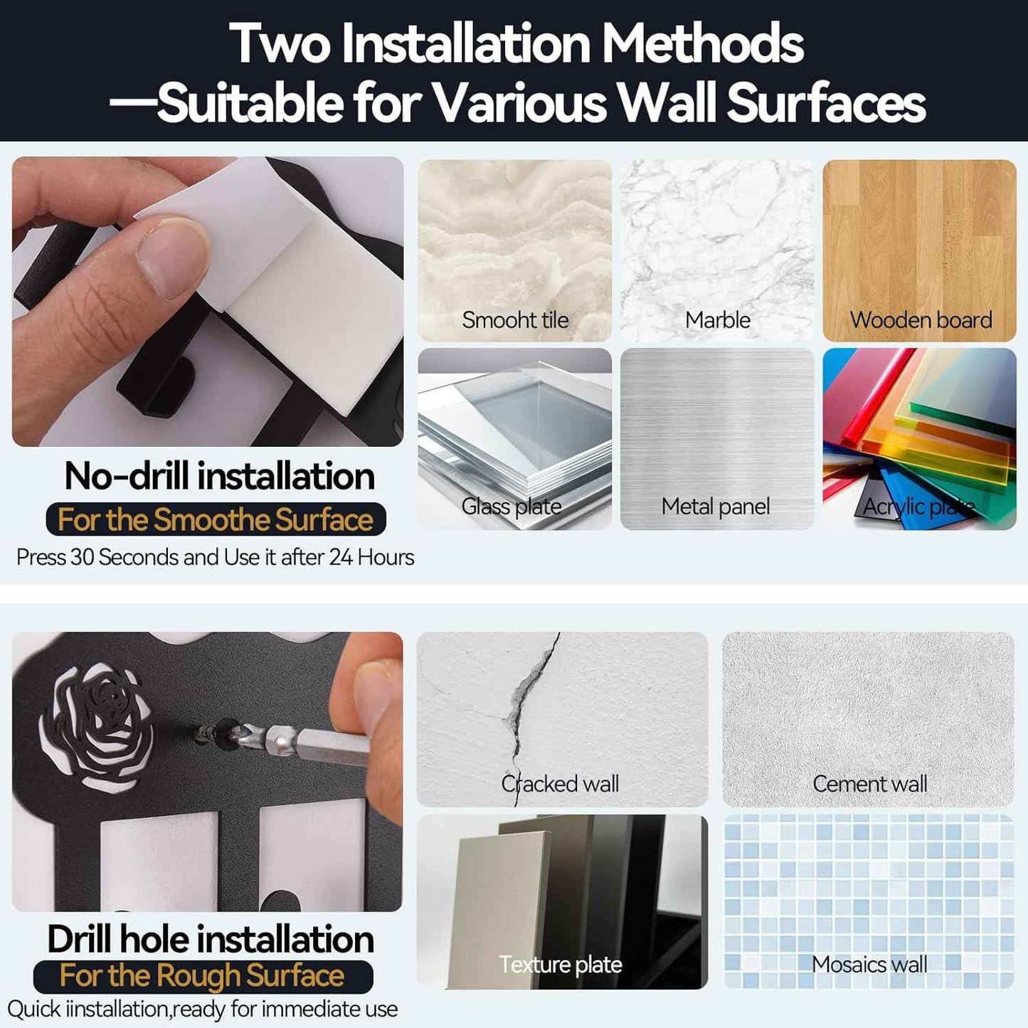 Key Holder Hooks Organizer Hanger Rack Wall Mounted with 8 Hooks, Adhesive Key Holder for Wall, No Drill Modern Key Holder Wall Mount, for Entryway, Kitchen, Hallway, RV Decor （Medium）