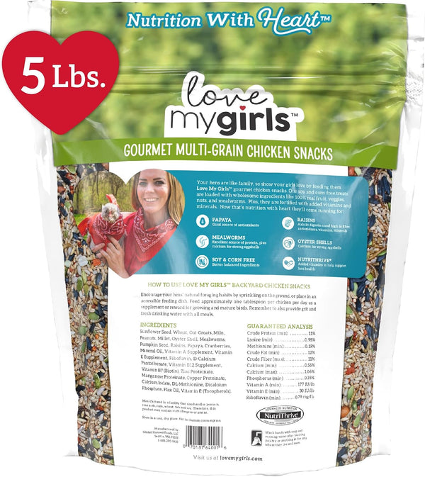 Love My Girls: Chicken Snacks - Fruit & Worms - 5lb Bag - Global Harvest, Gourmet Multi-Grain Treats, Corn-Free, Nutritious & Protein Rich Mealworms