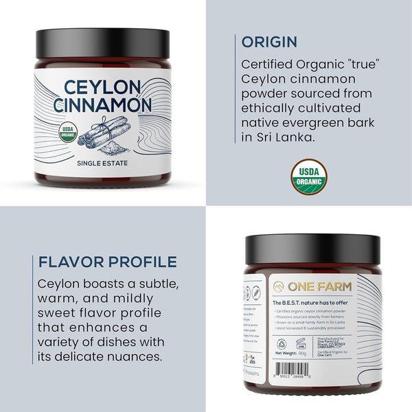 One Farm Organic Ceylon Cinnamon premium Sri Lanka Cinnamon, freshly ground, non-gmo, fair-trade, gluten-free in reusable jar