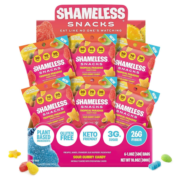 Shameless Snacks Sweet & Sour All-Stars Mixed Bag - Sour Candy & Fruit Snacks, 5 Flavors Per Bag Gummy Candy, Keto Snacks 3g Sugar Gluten Free Vegan for Kids & Adults