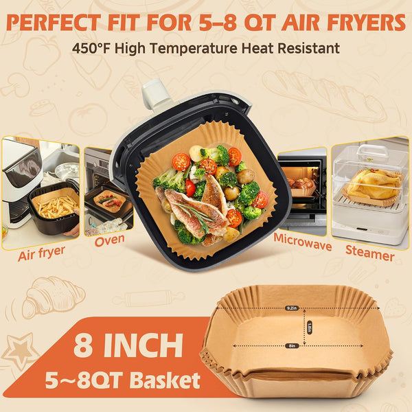Air Fryer Liners Disposable 150Pcs, 8" Square Parchment Paper Liner for Air Fryer, Baking, Roasting and Microwave, Non-Stick Airfyer Liners Accessories