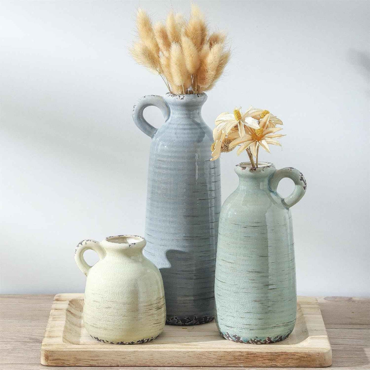 Ceramic Vases Set of 3, Neutral Rustic Farmhouse Vase with Handle, Decorative Flower Vases Home Decor Modern Boho Pampass Vase for Table Mantel Entryway Shelf Living Room Kitchen Bathroom - Brown