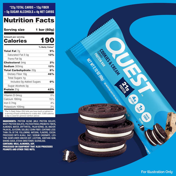 Quest Nutrition Cookies & Cream Protein Bars, 12 Count, 21g Protein, 1g Sugar, 4g Net Carb