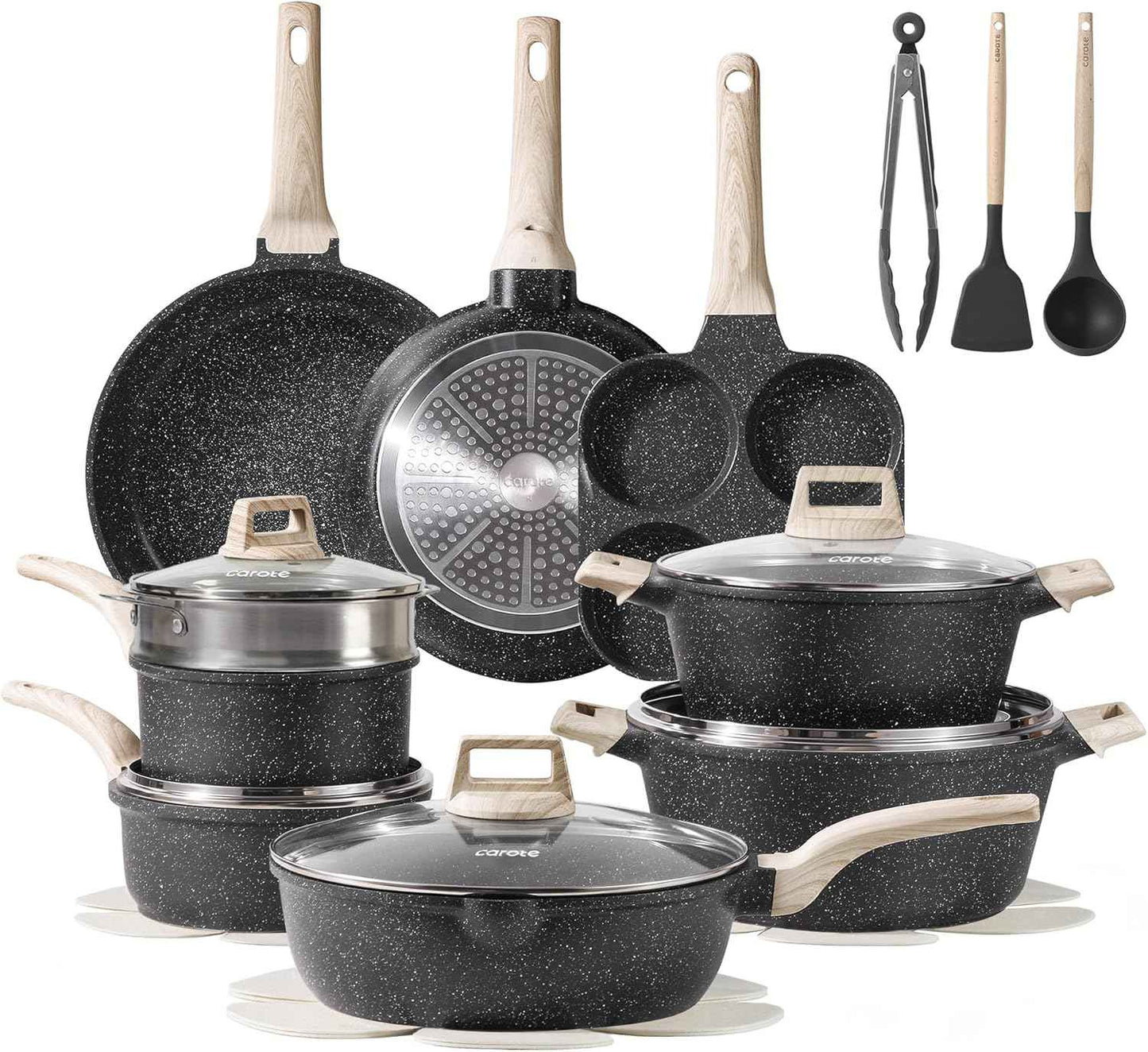 CAROTE 21Pcs Pots and Pans Set, Nonstick Cookware Sets, White Granite Induction Cookware Non Stick Cooking Set w/Frying Pans & Saucepans(PFOS, PFOA Free)