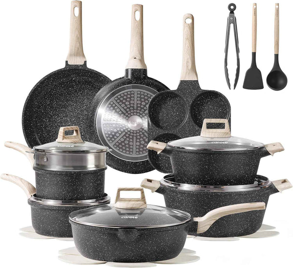CAROTE 21Pcs Pots and Pans Set, Nonstick Cookware Sets, White Granite Induction Cookware Non Stick Cooking Set w/Frying Pans & Saucepans(PFOS, PFOA Free)